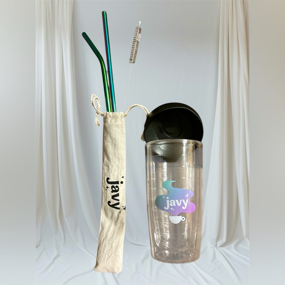 JAVY Coffee 16 oz Clear Logo Insulated Tumbler Plus Alum.Straws n Brush. New